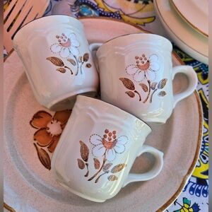 Vintage Cream And Brown Floral Ceramic Mugs - Set of 3